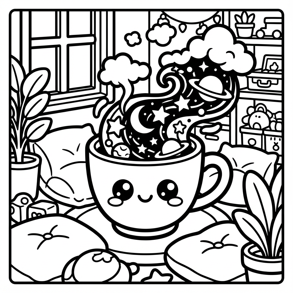 Smiling teacup filled with a magical galaxy, great for bold line coloring pages and easy bold coloring pages.